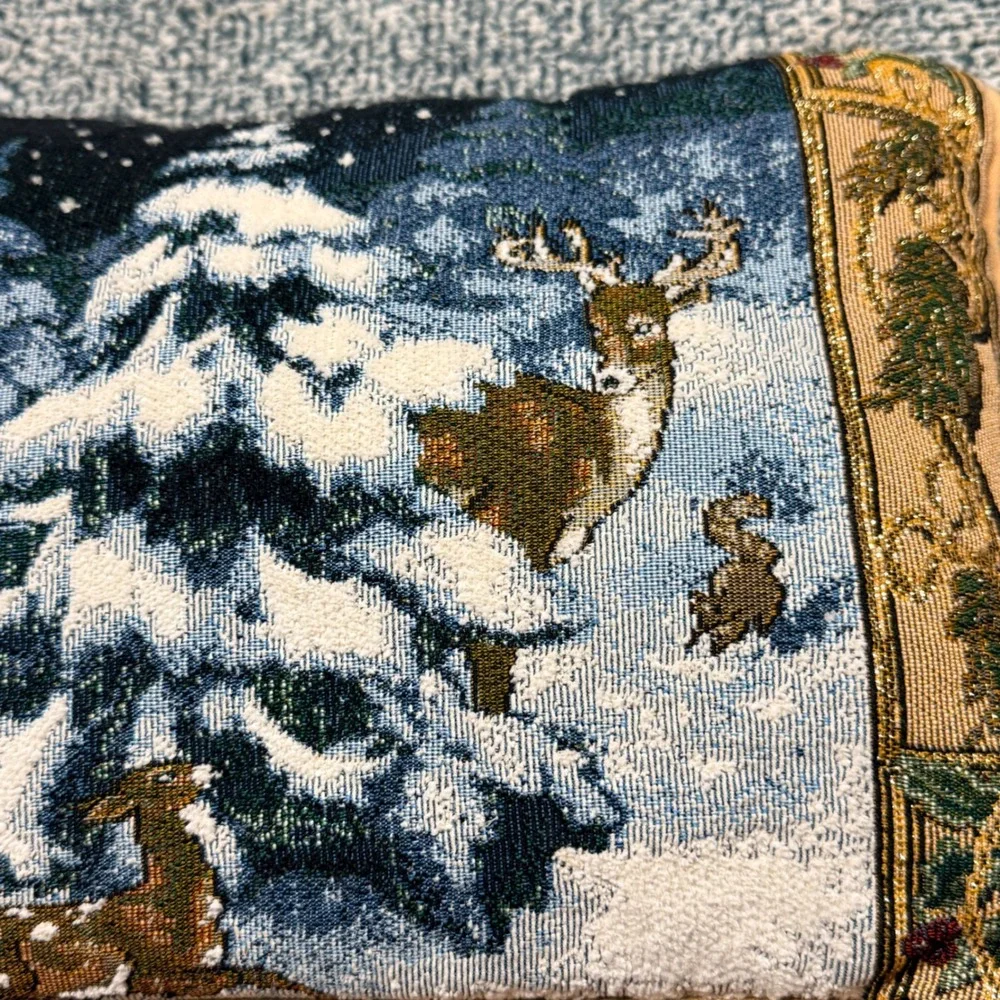 Riverdale Woven Tapestry Winter Forest Deer Rabbit Accent Pillow Made in USA